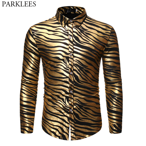 Men's 70s Metallic Gold Zebra Print Disco Shirt 2022 Brand New Slim Fit Long Sleeve Mens Dress Shirts Party Prom Stage Chemise ► Photo 1/6