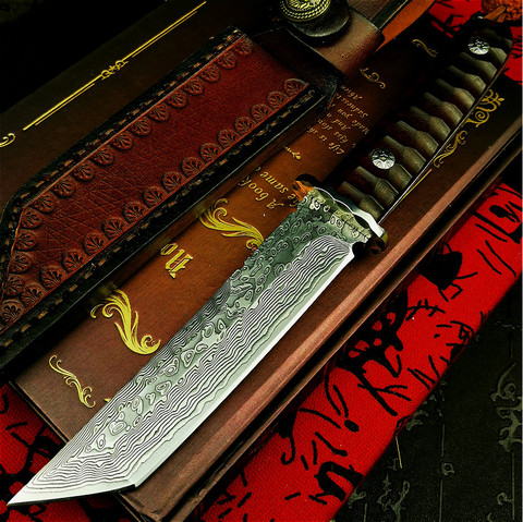 PEGASI Japan vacuum forging Damascus steel G10 steel core high hardness integrated hunting knife red wood handle tactical knife ► Photo 1/4