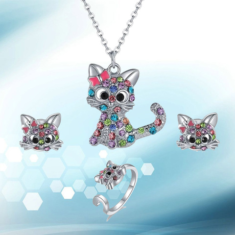 Fashion Crystal Cat Jewelry Set Cute Rainbow Animals Cat Pink Blue Earinmgs Rings Necklace for Women Girls Jewelry Accessories ► Photo 1/6