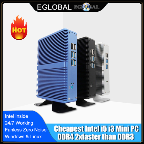 Eglobal Cheap Fanless Mini PC Windows 10 Pro Intel i5 7200U i3 7167U i7 4500U DDR4/DDR3 Barebone Computer 4K HTPC WiFi HDMI VGA ► Photo 1/6
