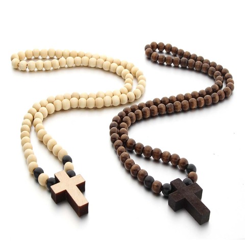 Retro Wooden Brown Short Cross Pendant Wooden Beaded Necklaces for Men Woman Rosary Wood Bead Payer Religious Jewelry Gift ► Photo 1/6