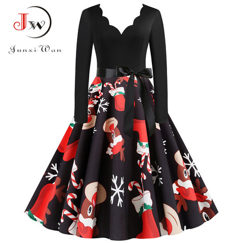 Black Big Swing Print Vintage Christmas Dress Women Winter Casual Long Sleeve V Neck Sexy New Year Party Dress Plus Size S~3XL ► Photo 1/6