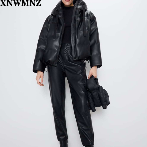 Za Women black fur faux leather jacket coat oversized zipper 2022 Winter Female Thick pu hooded jacket Overcoat High quality ► Photo 1/6