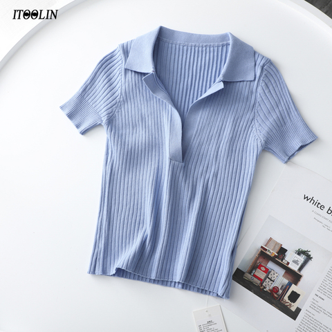 ITOOLIN Summer Vintage Knitted Polo Shirt Women Sexy V-neck Short Sleeve T-shirts Solid Slim Fit Cropped Top 2022 Female Tops ► Photo 1/6