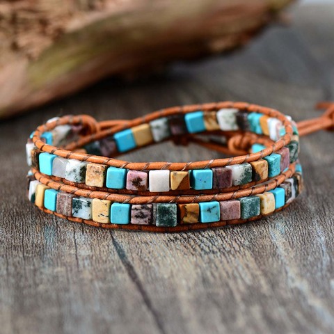 Women Leather Bracelets High End Mix Natural Stones 2 Strands Wrap Bracelets Vintage Weaving Bead Bracelet Dropshipping ► Photo 1/6