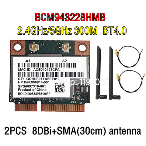 300Mbps wifi CARD BCM943228HMB BCM43228 2.4Ghz /5Ghz Wireless 802.11N AND Bluetooth 4.0 Half MINI PCI-E WIFI Card 6DB antenna ► Photo 1/3