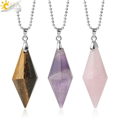 CSJA Symmetry Cone Natural Stones Pendants Necklaces Multi Faceted Pyramid Healing Reiki Pink Quartz Crystal Female Jewelry G421 ► Photo 1/6