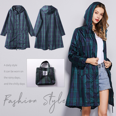 Womens Fastion Green Plaid Long Raincoat Waterproof Rain Jacket Coat Hiking Windbreaker ► Photo 1/5