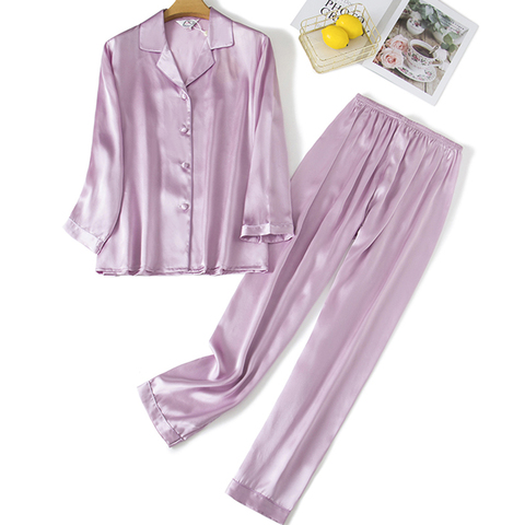 Pajamas for women pyjamas 100% pure silk 19mm sleepwear night suit home wear 2 pieces/set ► Photo 1/6