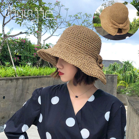 2022 Handmade 100%Raffia Bow Sun Hat Wide Brim Floppy Summer Hats For Women Beach Panama Straw Dome Bucket Hat Femme Shade Hat ► Photo 1/6