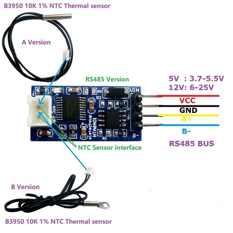 DC 5V 12V 24V RS485 RS232 TTL Modbus Rtu NTC Thermistor Temperature Sensor Remote acquisition monitor Module B3950 10K 1% ► Photo 1/5