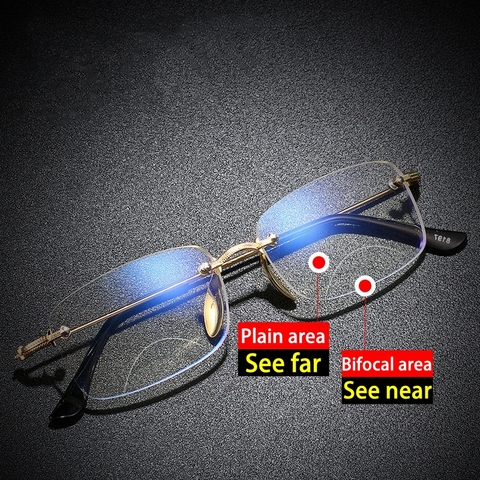 Finished Bifocal Anti Blue Ray Reading Glasses Men Rimless Vintage Metal Frame Presbyopia Glasses 1.50 Diopter Gafas Para Leer ► Photo 1/6