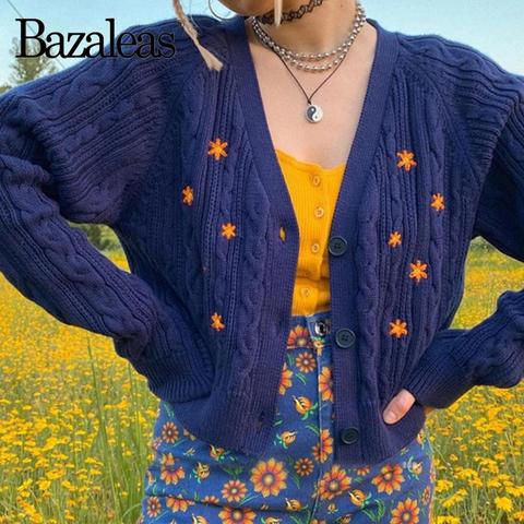 Bazaleas Streetwear Orange Daisy embroidery Knitted Cardigan Vintage Navy women's sweater Punk pull femme clothes women kardigan ► Photo 1/6