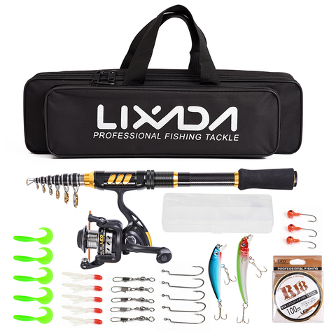 Lixada Telescopic Fishing Rod Reel Combo 100M Fishing Line Lures Hooks Jig Head Bag Accessories Full Kit Spinning Fish Pole Set ► Photo 1/6