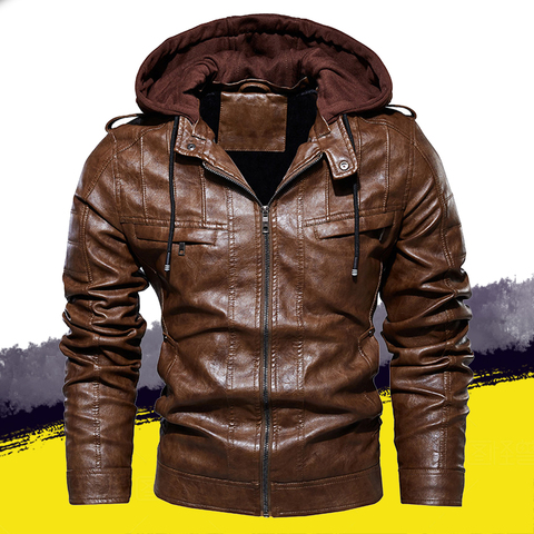Mens Leather Jacket Zipper Hooded Jacket Men Winter Coat Slim Motorcycle Jacket Fashion Clothing Outwear Plus Size 4XL 2022 New ► Photo 1/6