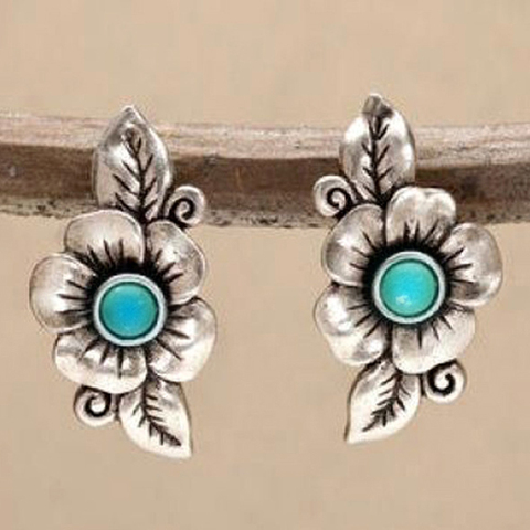 Bohemian Plant Leaf Rose Flower Drop Earrings for Women Ethnic Antique Silver Color Turquoises Stone Earring Vintage Jewelry ► Photo 1/6