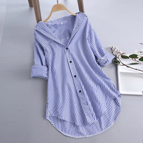 Women Shirts Stripe Cotton Long Sleeve Turn-down Collar Pink Button Loose Temperament Elegant Autumn Plus Size Blouse Shirts ► Photo 1/6