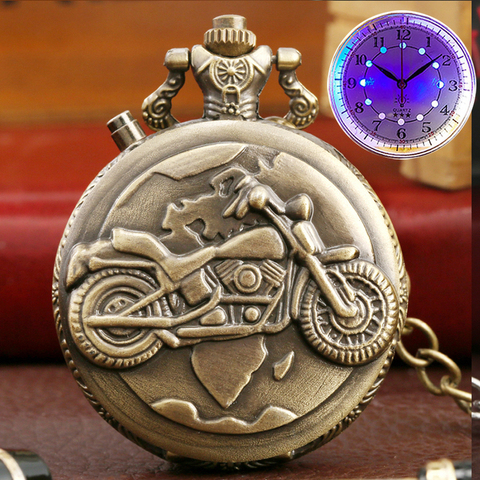 Retro Motorcycle CAR Pattern Quartz Pocket Watch Luminous LED Flash Motorbike MOTO Design Pendant Fob Watch Chain Gifts for Men ► Photo 1/6