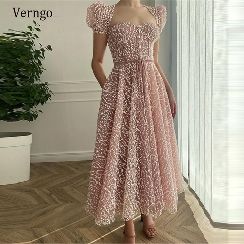 Verngo New 2022 Design Lace Blush Pink A Line Evening Party Dresses Short Sleeves Sweetheart Buttons Top Ankle Length Prom Gown ► Photo 1/6