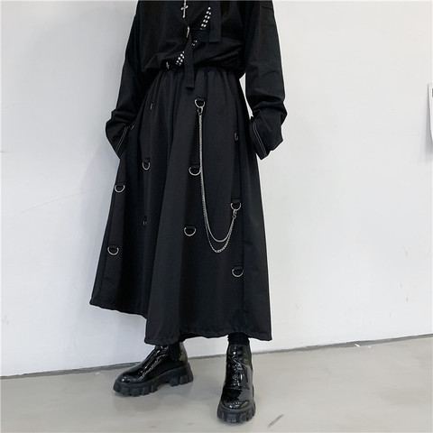 Men Metal Chain Causal Loose Casual Wide Leg Pant Male Japan Style Streetwear Gothic Punk Kimono Skirt Pants ► Photo 1/5