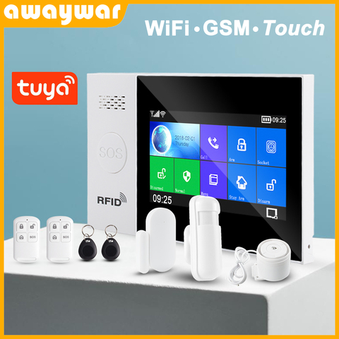 Awaywar Tuya WIFI GSM home Security smart Alarm System Burglar kit  touch screen compatible with Tuya IP Camrea ► Photo 1/6