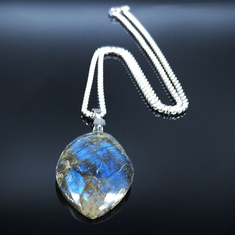 Stainless Steel Labradorite Pendant cabochon Irregular shape strong shine labradorite pendant Necklaces Jewelry joyeriaNG70S04 ► Photo 1/6