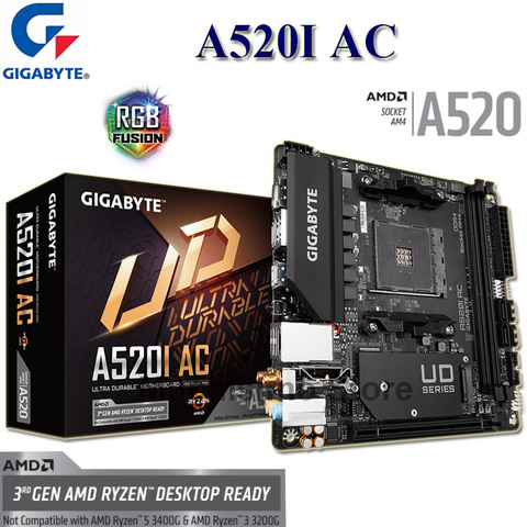 Socket AM4 Gigabyte A520I AC Motherboard DDR4 64GB 	PCI-E 3.0 HDMI DisplayPort AMD DDR4 5100(O.C.)MHz  A520 M.2 A520 Mainboard ► Photo 1/5