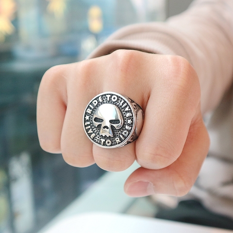 Newest Unisex 316L Stainless Steel Cool Ride to Live, Live to Ride Flaming Skull Big Ring Biker Style ► Photo 1/6