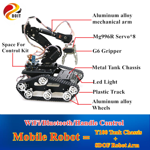 WiFi/Bluetooth/Handle Control Mobile Robot Arm 8DOF Robotic Arm With G6 Gripper And Y100 Metal Tank Chassis for DIY RC Robot Kit ► Photo 1/6