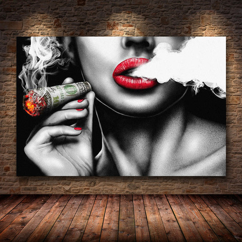 Unframed Red Lips Smoking Characters Vintage Walls Paintings Women Canvas Painting Home Decor Art For Living Room Bedroom Poster ► Photo 1/6