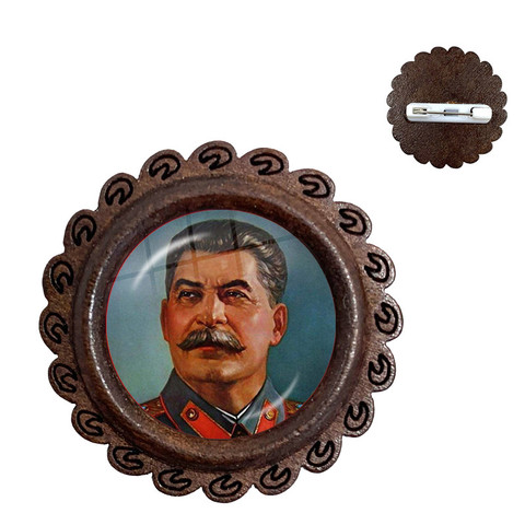 Soviet USSR Stalin Lenin Wood Brooches Classic Red Star Hammer Sickle Communism Emblem CCCP Glass Cabochon Collar Pins Badge ► Photo 1/6