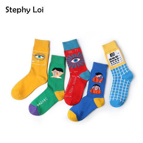 Harajuku Novelty Eyes Face Cotton Girl Socks  Cute Streetwear Funny Girl Gift Designer Skate Hip Hop Yellow Cool Funky Japanese ► Photo 1/6