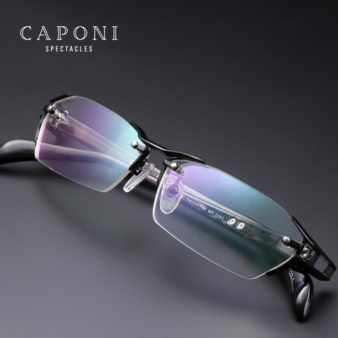 CAPONI Titanium Glasses Frame Men Rimless Square Business Optical Glasses Clear Computer Prescription Eyeglasss For Men  J1141 ► Photo 1/6