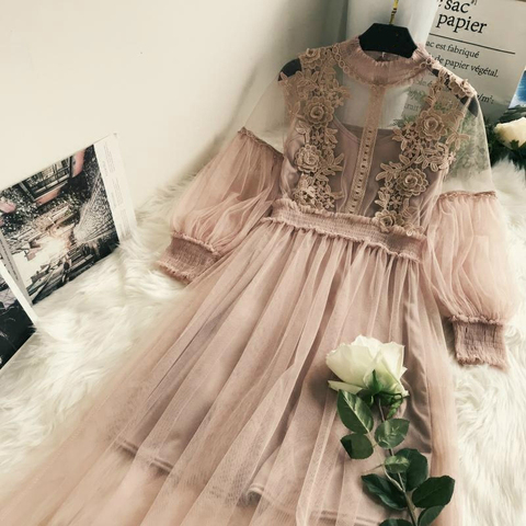 New Arrivals Women Lace Flower Dress Gauze Lantern Sleeve Voile Long Dress Female Retro Hook Princess Dress 2 Piece Set ► Photo 1/6