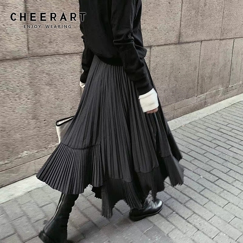 CHEERART Grey Black Long Pleated Skirt Women High Waist Irregular Skirt Swing Frill Autumn Midi Skirt Gothic 2022 ► Photo 1/6