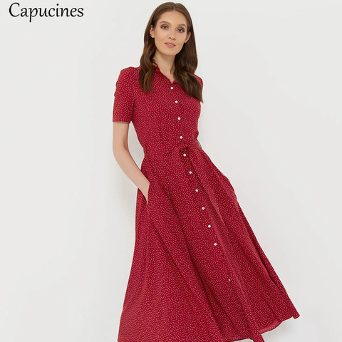 Capucines Dot Print Turn-down Collar Midi Shirt Dress Summer Single Breasted Belt Short Sleeve A Line Casual Dresses For Women ► Photo 1/6