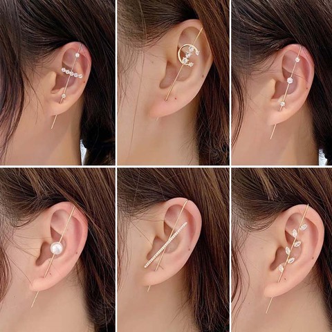 Zircon Hook Stud Earrings for Women Korean Rhinestone Pearl Diagonal Line Ear Bone Clip Ear Cuff Party Personality Jewelry Gift ► Photo 1/6