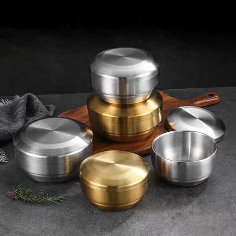 304 Korean Stainless Steel Double Rice Bowl With Lid Soup Bowl Steamed Rice Bowl Anti-Scalding Child Small Bowl Korean Cuisine ► Photo 1/6