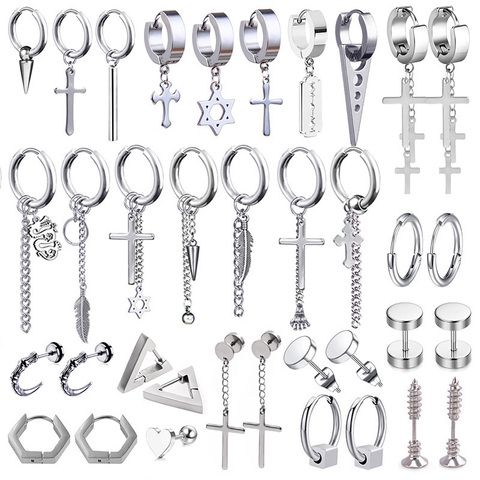 Newest 1 Pair Stainless Steel  Cross Pendant Dangle Long Tassel Unisex Hoop Earrings Men/Women Punk Gothic Jewelry Best Gifts ► Photo 1/6
