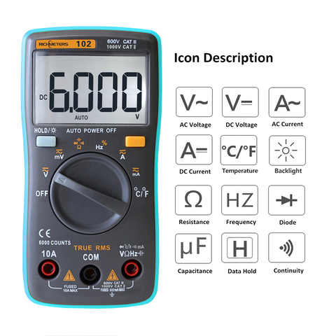 RICHMETERS 102 Multimeter 6000 counts Back light AC/DC Ammeter Voltmeter Ohm Frequency Diode Temperature ► Photo 1/6