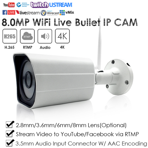 4K 8.0MP Wireless WiFi IR Mini Compact Waterproof Bullet Live Streaming IP Camera Push Live Video to YouTube Facebook Vimeo etc. ► Photo 1/6