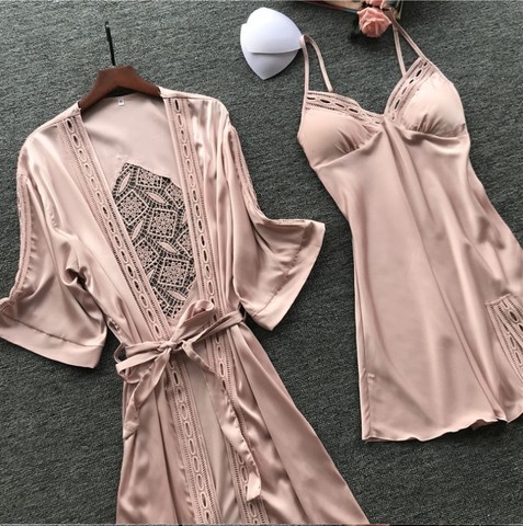 Women Satin Lace Burgundy Intimate Sleepwear Set 2PCS Nightgown Sexy Lady New Robe Set Brides Bridesmaid Wedding Robe Gown M-XL ► Photo 1/6