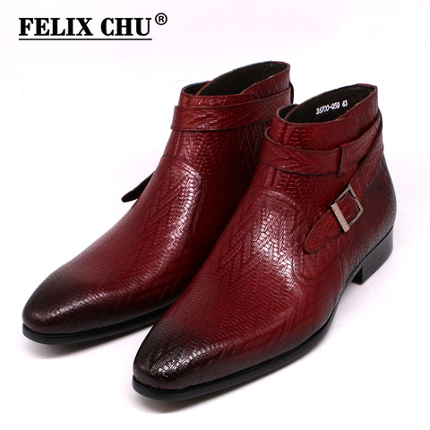 Handmade Men Ankle Boots Felix Chu Genuine Leather Mens Motorcycle Boots Black Red Buckle Strap High Top Dress Shoes for Men ► Photo 1/6