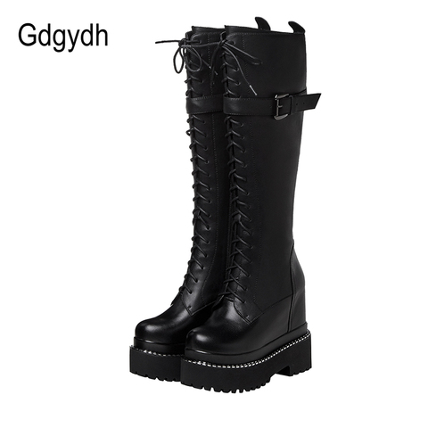 Gdgydh Fashion Lace-up Knee High Platform Boots Goth Black Metal Decoration Women Boots With Zipper Wedges Heel Drop Shipping ► Photo 1/6