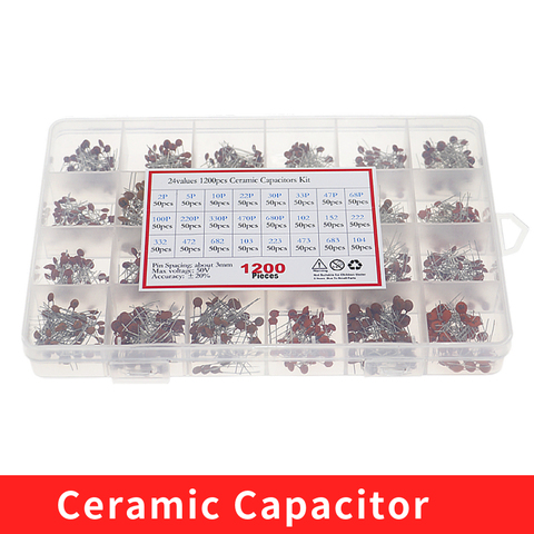 24Values Ceramic Capacitor Assortment Kit 2PF-0.1UF 50V Ceramic Capacitors Set 47PF 68PF 100PF 220PF Electronic Capacitor Pack ► Photo 1/4