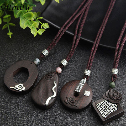 Qilmily Handmade Vintage Ethnic Irregular Sandalwood Pendant Necklaces for Women Inlaid Pearl Alloy Lotus Sweater Chain Gift Hot ► Photo 1/6