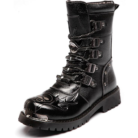 Mens Metal Gothic Mid-Calf Boots Punk Retro Leather Motorcycle Boots Male ShoesArmy Boots Men Military Boots Cowboy Snow Boots ► Photo 1/6