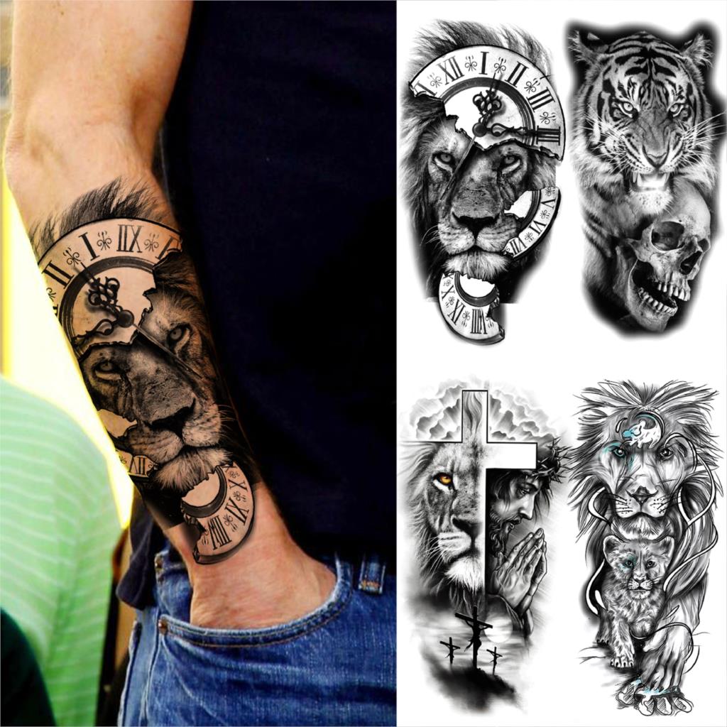 Black Compass Lion Temporary Tattoos For Men Women Adults Realistic Fake  Tiger Skull Cross Tattoo Sticker Half Sleeve Arm Tatoos - Price history &  Review | AliExpress Seller - FANRUI Official Store 