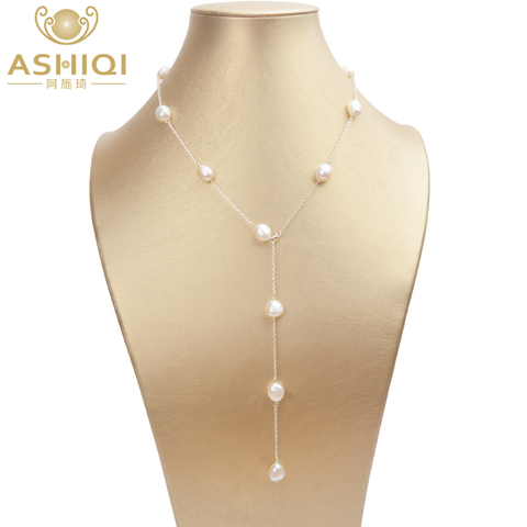 ASHIQI Real 925 Sterling Silver Long Chain Necklace 8-9mm Natural Baroque Freahwater Pearl Jewelry for Women Ladies Gift ► Photo 1/6