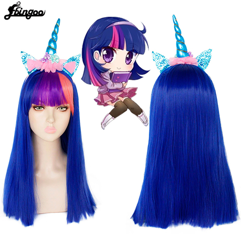 Ebingoo My Little Pony Unicorn Twilight Sparkle Long Straight Royal Blue Synthetic Cosplay Wig with Rainbow Bangs+Headwear ► Photo 1/5
